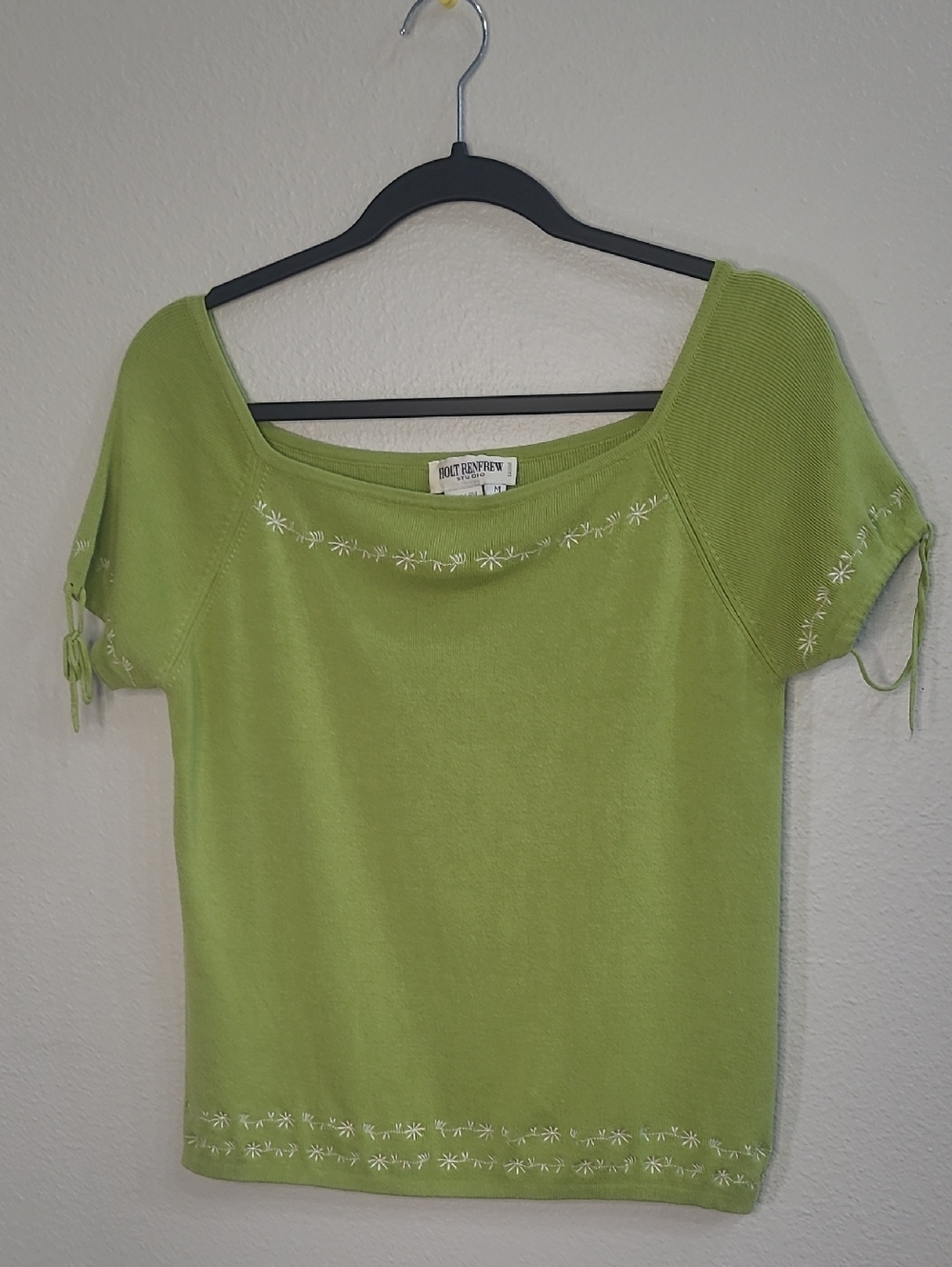 Holt Renfrew Bright Green Embroidered Short Sleeve Top Silk Med
